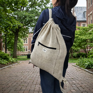 Hemp Drawstring Backpack Natural Color Large Capacity Front Zip Pocket Eco Friendly Sack <b>Bag</b> for Gym Swimming - Product Image 1