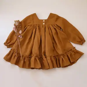 high quality linen cotton brown long sleeve ruffle knee-length girl skirt