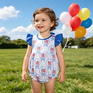SR4029 rts Mono para bebés y niños pequeños, venta al por mayor, con estampado de bandera del 4 de julio con rayas azules, mono con mangas voladas, conjunto de mono para niña - Product Image 1