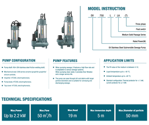 Grandfar 220V 450W 0.6HP 10M Head OEM Stainless Steel <b>Submersible</b> Sewage <b>Pump</b> High Sump GV450L <b>Submersible</b> Sewage <b>Pump</b> GV450L GV - Product Image 5
