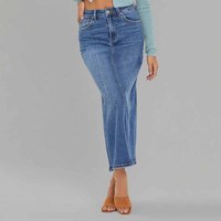 Rok Denim Midi Pensil Kasual Elegan Wanita, Rok Jeans Panjang Berpinggang Tinggi