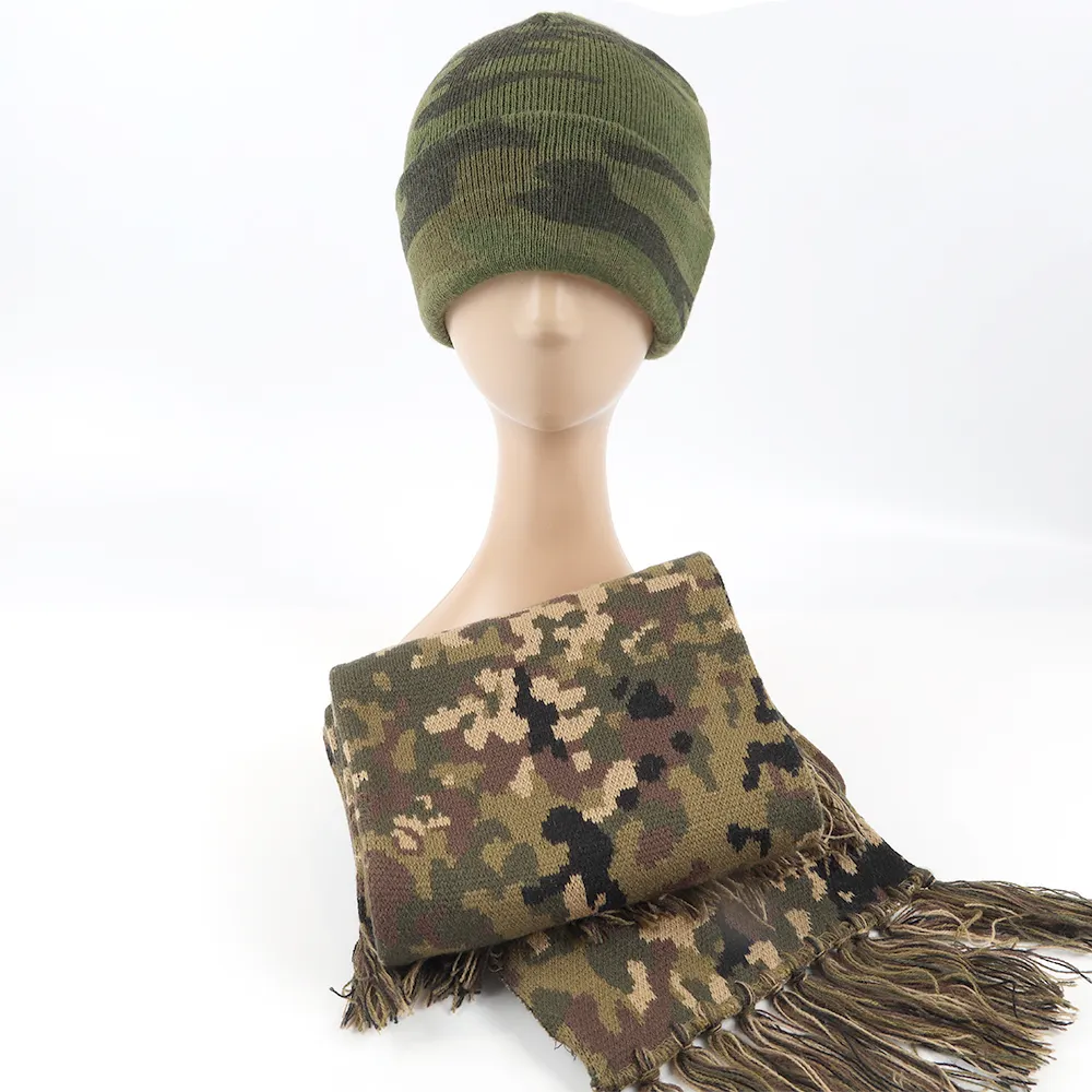 Wholesale Custom Cuffed Knit Warm Winter Camo Distressed Beanie Hats for Men Women hat scarf set