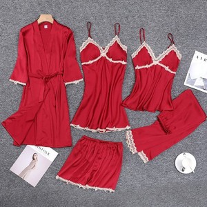 Conjunto de pijama de cinco piezas de imitación de seda negra, estilo europeo y americano, a la moda y cómodo, al por mayor. - Product Image 2