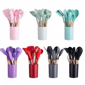 Nordic Style Silicone Kitchenware Home Utensils 12PCS -Set Gadgets Kitchen Utensils Set With Wooden Handle - Product Image 6