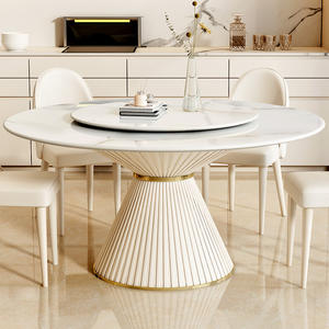 Table à manger ronde contemporaine avec plateau en marbre blanc et piédestal à colonnes cannelées pour mobilier de salle à manger moderne - Product Image 5