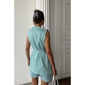 Conjunto de chaleco y pantalones cortos de lino color menta, conjunto informal sin mangas para mujer, talla S - Product Image 1