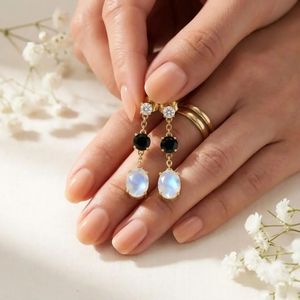 Natural Rainbow Moonstone <b>Black</b> Obsidian Drop <b>Stud</b> <b>Earrings</b> with CZ Accent in 925 Sterling Silver Elegant Gemstone Dangle - Product Image 5
