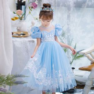 Alta calidad cuello redondo lentejuelas bordado Elsa princesa vestido con Tv película disfraz Cosplay niñas vestidos - Product Image 1