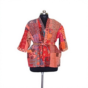 Women's Long Multi-Color Floral Patchwork Nonwoven Coated Quilted Quick Dry 100% Cotton Kantha Winter Jacket with Full Sleeves - Product Image 1