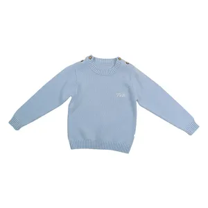 热销有机棉柔软针织男童女童毛衣纯色婴儿蓝色套头儿童毛衣
