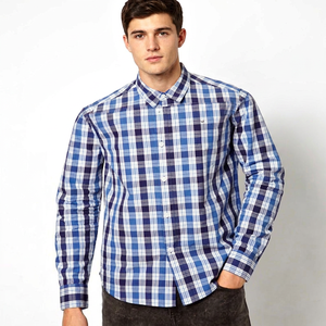 Camisa Casual de Manga Larga a Cuadros Azules para Hombre, Cuello Camisero, Manga Larga, Popelina Tejida, 100% Algodón, Transpirable, Estilo Otoñal - Product Image 1