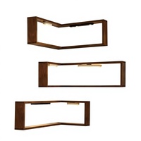Étagères flottantes d'angle carrées en bois intelligentes avec lumières LED, murales, gain de place, présentoir (lot de 3 comprenant 6 lumières LED)