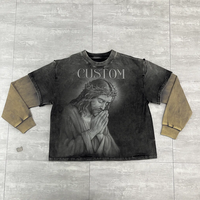 T-shirt personnalisé streetwear avec impression DTG, coupe ample, effet délavé au soleil, délavé à l'acide, double couche, manches longues, pour hommes