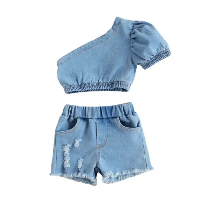Little girls summer fashion sets wholesale summer two pieces denim crop tops outfit for kids girls