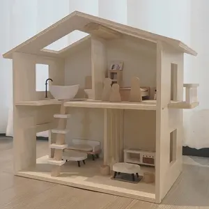 Rumah Boneka Kayu Alami dengan Furnitur Buatan Tangan Mainan Pendidikan Hadiah Ulang Tahun Rumah Boneka Miniatur, Mainan Montessori