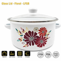 Casserole en émail de 20 cm avec couvercle en verre blanc, imprimé floral coloré, poignée en D, pour cuisine, soupes et lait, vente en gros usine