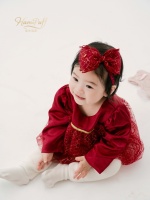 Baby-Satin-Kleid mit langen Ärmeln, Goldfaden, Tüll, A-Linie, passendes Schleifen-Stirnband, lockere Passform, Prinzessinnen-Outfit für Kleinkinder