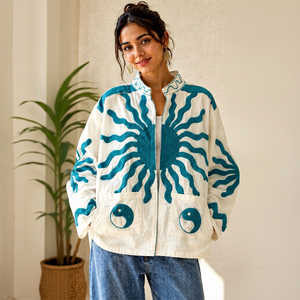 Veste bomber réversible en velours tricoté brodé Suzani, style vintage hippie, automne-hiver, respirante, 100% coton - Product Image 1