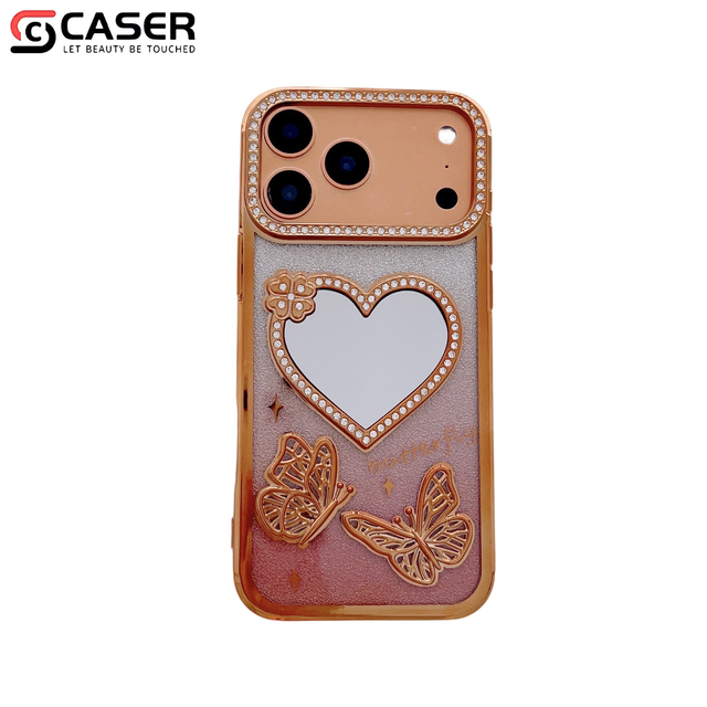 Elegant Gradient Glitter Heat Mirror 3D Butterfly Crystal-Encrusted Camera Frame Electroplated Phonecase for iphone 17/16/15