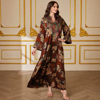 Robe longue musulmane pour adultes, style vintage, imprimé floral, col montant, manches évasées brodées, en polyester respirant, type Abaya Kaftan