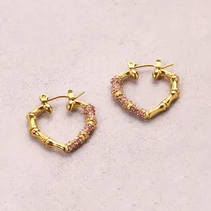 Powell Wholesale Pink Zircon Inlay Heart Shape Women Stainless Steel Bamboo Hoop Earring