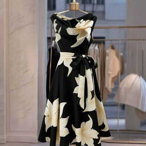Abito Lungo Vintage Europeo-Americano da Donna, Senza Maniche, Stampato, con Cintura a Fiocco, Vita Alta, Silhouette a Linea A, per il Tempo Libero - Product Image 4