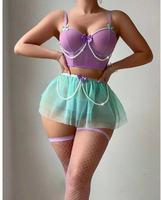 RUIYI Chaîne perlée Nœud Soutien-gorge Sangle Sexy Support en acier Sous-vêtements Culotte Perle Gaze Robe Ensemble Femmes Body Suit Lingerie
