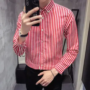 Neue Ankunft Mode Männer Frühling Herbst gestreifte schlanke Knopf Revers koreanische Langarm Büro Business Tops Bluse Casual Shirt