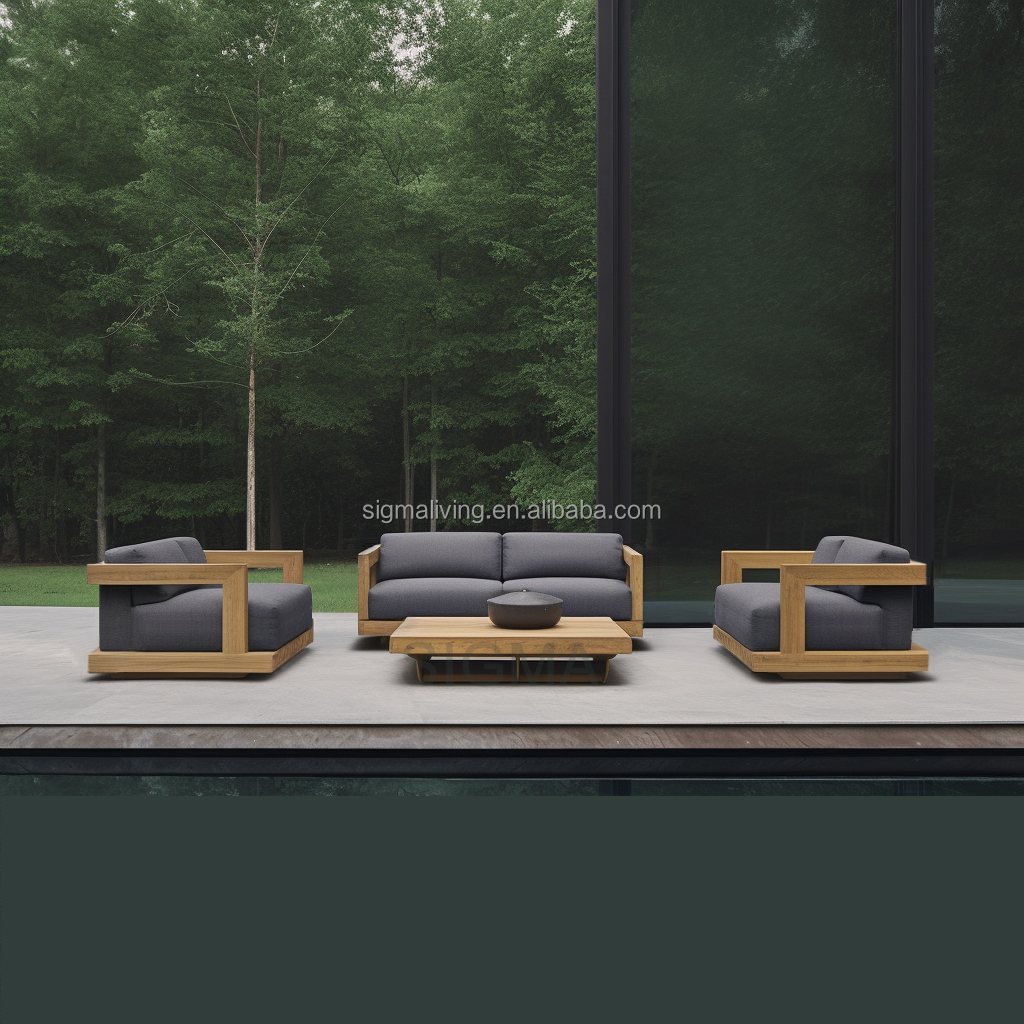 Wholesale Outside Patio Garden Teak Wooden Frame Design Outdoor Set Waterproof Fabric Sofa