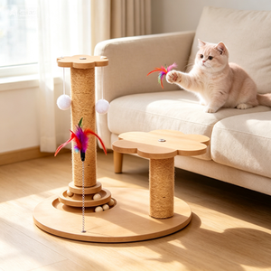 Maison à gratter pour chat de luxe moderne, double poteau en forme de fleur, construction en bois massif et balles interactives - Product Image 5