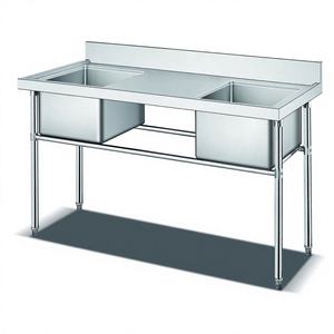 Fabrication et assemblage de mobilier de cantine scolaire en acier inoxydable 201 304, table de travail avec 2 éviers - Product Image 4