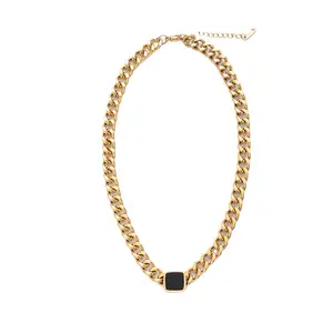 New Fashion Design Stainless Steel Black Square Classic Pendant Collarbone Chain Ring Necklace Bracelet Set Wome