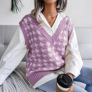 Chaleco de punto para mujer, otoño-invierno, diseño pata de gallo, sin mangas, corte holgado, <span class=keywords><strong>cuello</strong></span> en V, ribete acanalado, borde ancho, cómodo, suave, informal - Product Image 6