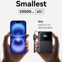Batterie externe 20000 mAh 65W à charge rapide avec câble USB-C intégré, chargeur portable double port 65W+45W pour ordinateur portable, téléphone, tablette