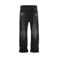 Jean en denim délavé à l'acide avec effet whisker, coupe droite ample, style streetwear, pour hommes, idéal pour la mode personnalisée et la vente en gros