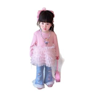 Girls Cotton Two Piece Set Pink Top With Tulle Skirt And Jeans Spring Outfit For Toddler Fashion Clothes - Product Image 5