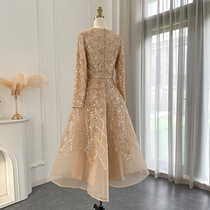 Robe de soirée LSCZ81 à col rond, manches longues, coupe trapèze, en organza plissé, avec paillettes et motif 3D, longueur genou, taille naturelle, pour femmes - Product Image 4