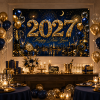 Bannière Joyeux Nouvel An 2027 Bleu Or Feux d'artifice Ballons Nuit de la ville Décoration murale de fête