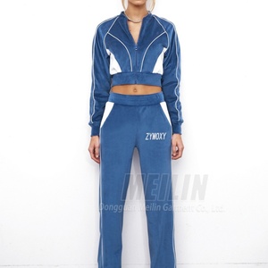 Custom 3m Reflective <b>Zip</b> <b>up</b> <b>Crop</b> Hoodies Velvet for Women Sweat Suit Jogger Two Piece Set Velvet Tracksuits for Women - Product Image 2