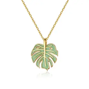 Trendy 14K gold plated enamel jewelry 925 Sterling silver leaf pendant