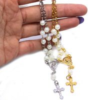 (Boîte) Collier chapelet rose doré Perles roses Bijoux croix chapelet