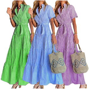 Nouvelle Robe Chemise Mi-Longue Ample à Rayures et Nœud à la Taille pour Femme, Manches Courtes, Tendance - Product Image 1