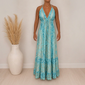 Women's Sky Blue Paisley Print <b>Boho</b> V-neck Elastic Waist Fit Flare Maxi <b>Dress</b> Woven Silk Regular Fit <b>Summer</b> Casual Wear - Product Image 1