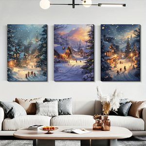 Tableau mural sur toile Scène de village de Noël enneigée, ensemble de 3 pièces, <span class=keywords><strong>peinture</strong></span> décorative paysage hivernal pour salle à manger et décoration intérieure - Product Image 1