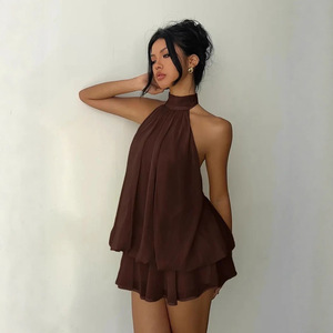 Wholesale Women's <strong>Sexy</strong> Summer Solid Color Ruffle Ladies Halter Backless Dresses Slim-fit Lace-up Waist Tight Top <strong>Short</strong> <strong>Skirt</strong> - Product Image 3