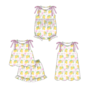 Conjuntos de Shorts para Niñas con Estampado de Flores y Limones, Diseño Casual de Primavera/Otoño, Transpirables, de Algodón y Spandex, con Lazos y Borde Festoneado - Product Image 1