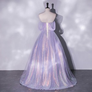 Violet Off-Shoulder Evening Gown Empire Waist Mesh Long Dress For Banquets And Annual Meetings - Product Image 4