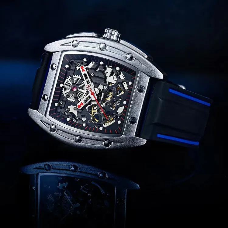 New Arrival Waterproof Business Mechanical Watches for Men Black Silica Gel Hollowed Out Design OEM