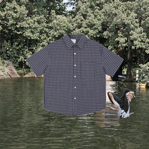 Chemises décontractées surdimensionnées à carreaux neutres en sergé de haute qualité pour hommes, respirantes, <span class=keywords><strong>avec</strong></span> poche poitrine et <span class=keywords><strong>manches</strong></span> courtes boutonnées coupe carrée - Product Image 3