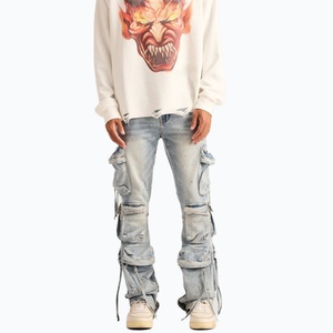 Jeans cargo à cordon de serrage de haute qualité pour homme, lavage personnalisé, design déchiré multi-poches pour le streetwear d'hiver - Product Image 3